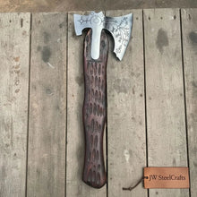 Load image into Gallery viewer, Handmade Viking Double-Bit Carbon Steel Axe with Norse Rune Etching and Engraved Hardwood Handle
