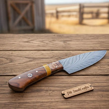 Load image into Gallery viewer, 3 Piece Feather Pattern Damascus Knife Set, Handmade Chef, Santoku and Utility Knives with Pakka Wood Handles, Professional Kitchen Cutlery Set JW SteelCrafts