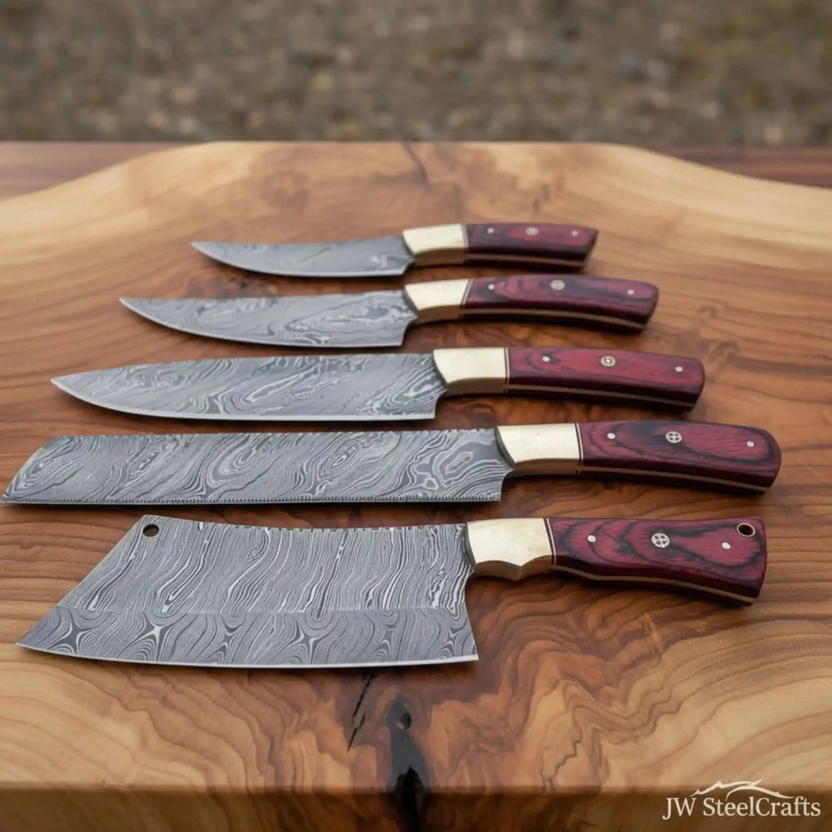 5-piece Damascus chef knife set with butcher cleaver – red pakka wood ...