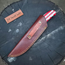 Load image into Gallery viewer, Damascus Steel USA Flag Handle Knife — 5-Inch Raindrop, &amp; Leather Sheath