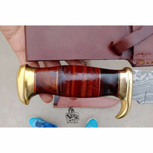 Load image into Gallery viewer, Sheffield Clip Point Bowie Knife Handmade Damascus Steel Blade Brass Guard Leather Sheath JW SteelCrafts