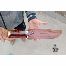 Load image into Gallery viewer, Sheffield Clip Point Bowie Knife Handmade Damascus Steel Blade Brass Guard Leather Sheath JW SteelCrafts