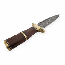 Load image into Gallery viewer, Sheffield Clip Point Damascus Bowie Knife with Hardwood Handle and Brass Guard – Handmade Fixed Blade JW SteelCrafts