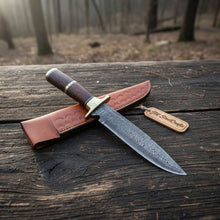 Load image into Gallery viewer, Sheffield Clip Point Damascus Bowie Knife with Hardwood Handle and Brass Guard – Handmade Fixed Blade JW SteelCrafts