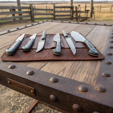 Load image into Gallery viewer, 6-Piece Damascus Kitchen Knife Set with Leather Roll — Black Resin Handles, Steel Bolsters, 7 to 10 Inch Blades | JW Steel Crafts