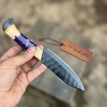 Load image into Gallery viewer, 5-Piece Hand-Forged Chef Knives Set – Black Blades, Purple Resin &amp; Olive Wood Handles