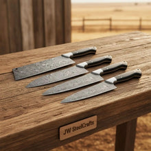 Load image into Gallery viewer, 4-Piece Handmade Damascus Steel Kitchen Knife Set with Pakka Wood Handles