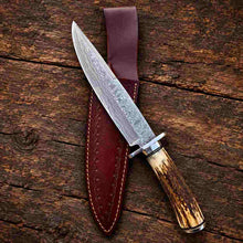 Load image into Gallery viewer, Handmade Damascus Steel Bowie Knife with Stag Antler Handle and Leather Sheath