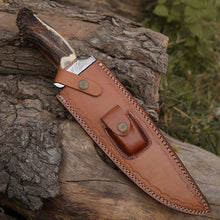 Load image into Gallery viewer, Damascus Stag Bowie Knife with Leather Sheath