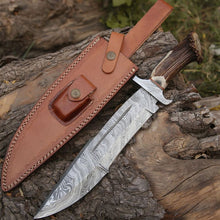 Load image into Gallery viewer, Damascus Stag Bowie Knife with Leather Sheath