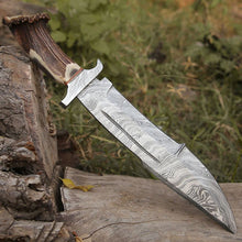 Load image into Gallery viewer, Damascus Stag Bowie Knife with Leather Sheath