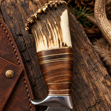 Load image into Gallery viewer, Handcrafted D2 Hunting Knife with Stag Antler Handle and Custom Leather Sheath