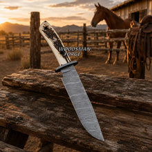 Load image into Gallery viewer, Damascus Bowie Knife – Stagborne with Genuine Stag Horn