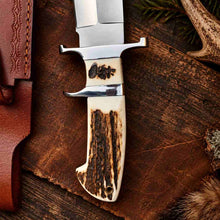 Load image into Gallery viewer, Handmade High-Grade Steel Hunting Knife with Stag Horn Handle and Leather Sheath