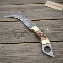 Load image into Gallery viewer, Damascus Steel Knife with Burned Bone Handle &amp; Brass Bolster
