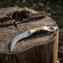 Load image into Gallery viewer, Damascus Steel Knife with Burned Bone Handle &amp; Brass Bolster