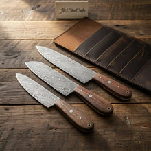 Load image into Gallery viewer, Handmade Damascus Steel Knife Set with Leather Roll, Rosewood Handle Kitchen Collection