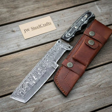 Load image into Gallery viewer, Handmade Damascus Steel Tracker Knife with Leather Sheath &amp; Wooden Handle