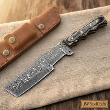 Load image into Gallery viewer, Handmade Damascus Steel Tracker Knife with Leather Sheath &amp; Wooden Handle