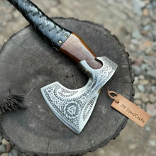 Load image into Gallery viewer, Viking Axe with Leather Wrapped Handle &amp; Engraved Head – JW SteelCrafts