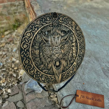 Load image into Gallery viewer, Handcrafted Viking Shield and Engraved Axe Set with Raven Motif and Norse Knotwork