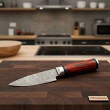 Load image into Gallery viewer, Handmade Damascus Petty Knife – 4-Inch Blade | Red Pakkawood Handle &amp; Steel Bolster | 8" Overall