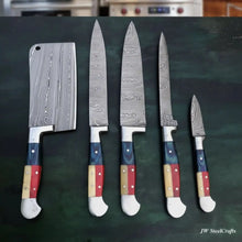 Load image into Gallery viewer, Texas Flag Handle Damascus 5-Piece Knife Set with Leather Kit