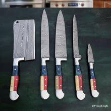 Load image into Gallery viewer, Texas Flag Handle Damascus 5-Piece Set — Meat Cleaver, Chef Knife, Carving Slicer, Petty Utility &amp; Paring Knife (Leather Kit)