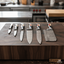 Load image into Gallery viewer, Texas Flag Handle Damascus 5-Piece Set — Meat Cleaver, Chef Knife, Carving Slicer, Petty Utility &amp; Paring Knife (Leather Kit)