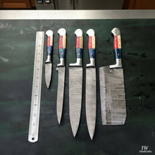 Load image into Gallery viewer, Texas Flag Handle Damascus 5-Piece Set — Meat Cleaver, Chef Knife, Carving Slicer, Petty Utility &amp; Paring Knife (Leather Kit)