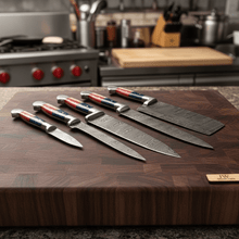 Load image into Gallery viewer, Texas Flag Handle Damascus 5-Piece Set — Meat Cleaver, Chef Knife, Carving Slicer, Petty Utility &amp; Paring Knife (Leather Kit)