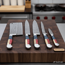 Load image into Gallery viewer, Texas Flag Handle Damascus 5-Piece Set — Meat Cleaver, Chef Knife, Carving Slicer, Petty Utility &amp; Paring Knife (Leather Kit)