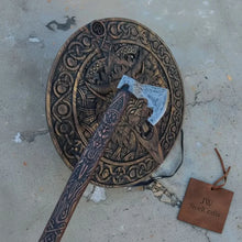 Load image into Gallery viewer, Handcrafted Viking Shield and Engraved Axe Set with Raven Motif and Norse Knotwork