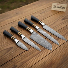 Load image into Gallery viewer, 5-Piece Handmade Damascus Kitchen Knife Set with Chef, Santoku, Utility, Carving, Paring Knives