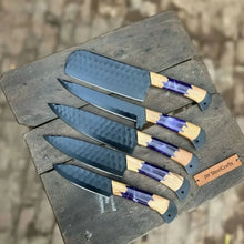 Load image into Gallery viewer, 5-Piece Hand-Forged Chef Knives Set – Black Blades, Purple Resin &amp; Olive Wood Handles