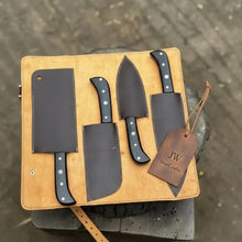 Load image into Gallery viewer, 5-Piece Stainless Steel Chef Knife Set with Leather Roll | Ebony Wood Handle Knives