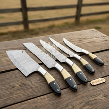 Load image into Gallery viewer, 5-Piece Handmade Damascus Chef Knife Set with Wood and Resin Handles