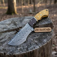 Load image into Gallery viewer, tracker knife Custom, 10", DAMASCUS KNIFE, Damascus steel knife, hunting, exotic Yellow Heart &amp; Walnut wood handle, leather sheath