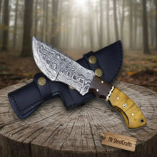 Load image into Gallery viewer, tracker knife Custom, 10", DAMASCUS KNIFE, Damascus steel knife, hunting, exotic Yellow Heart &amp; Walnut wood handle, leather sheath
