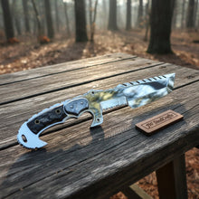 Load image into Gallery viewer, Tracker Knife Custom Handmade J2 Steel  Handle Sheep Horn &amp; Damascus Bolster 13"