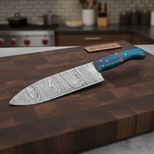 Load image into Gallery viewer, 8-Inch Gyuto Chef Knife Twisted Damascus Blade with Blue &amp; Red Pakka Wood Handle (Full Tang, Hand-Forged)