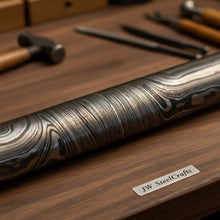 Load image into Gallery viewer, 5 Inch Twisted Damascus Steel Round Billet Bar for Guards Rings and Jewelry Making