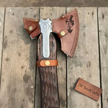 Load image into Gallery viewer, Handmade Viking Double-Bit Carbon Steel Axe with Norse Rune Etching and Engraved Hardwood Handle