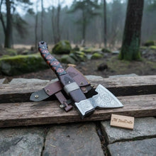 Load image into Gallery viewer, Viking Bearded Axe with Norse Engraved Blade and Leather Sheath