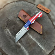 Load image into Gallery viewer, Damascus Tanto Fixed Blade Knife with American Flag Resin Handle, and Leather Sheath