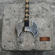 Load image into Gallery viewer, Hand Engraved Double Headed Viking Axe with Nordic Knotwork and Leather Wrapped Handle