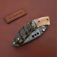 Load image into Gallery viewer, Handmade Damascus Steel Folding Knife with Engraved Metal Handle – Premium EDC Pocket Knife