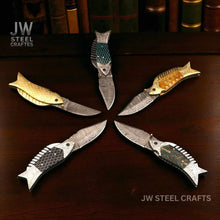 Load image into Gallery viewer, Fish-Style Damascus Folding Knife | 5 Color Variants | Hand-Engraved Collectible