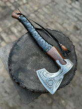 Load image into Gallery viewer, Viking Axe with Leather Wrapped Handle &amp; Engraved Head – JW SteelCrafts