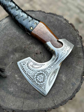 Load image into Gallery viewer, Viking Axe with Leather Wrapped Handle &amp; Engraved Head – JW SteelCrafts
